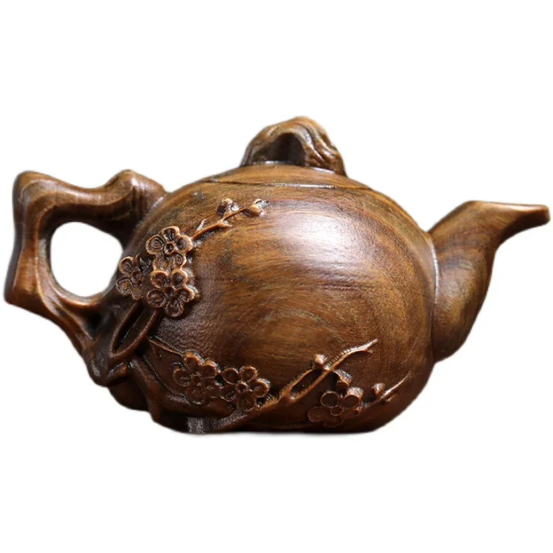 Natural green sandalwood plum blossom handle pot wood carving handle ornament Wenwan log carving tea pet small ornament