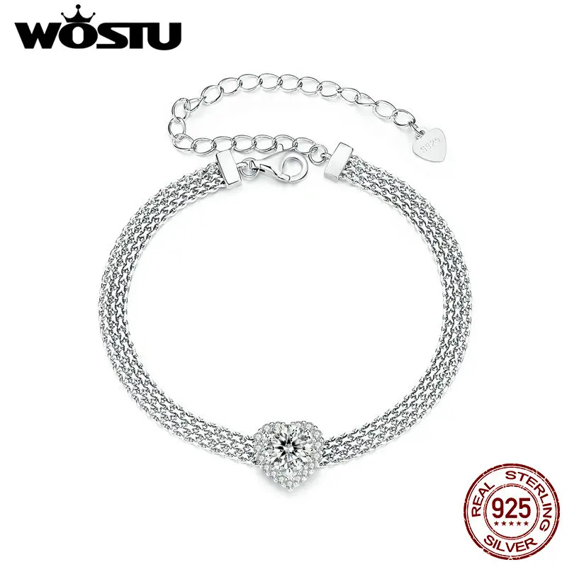 WOSTU 1 CT Sparkling Moissanite Heart Bracelet For Women 925 Sterling Silver Lab Diamond moissanite Star Flat wide chain Links