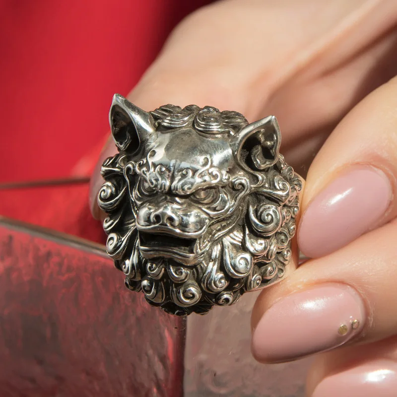 Vintage Original Design 925 Silver Chinese Style Tang Lion Mens Rings Opening Exquisite Unique Craftsmanship Charm Ring Jewelry