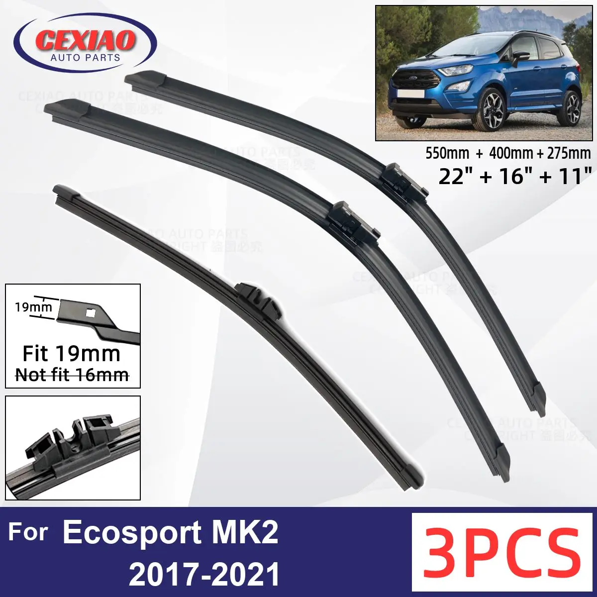 For Ford Ecosport MK2 II 2017-2021 Car Front Rear Wiper Blades Soft Rubber Windscreen Wipers Auto Windshield 22