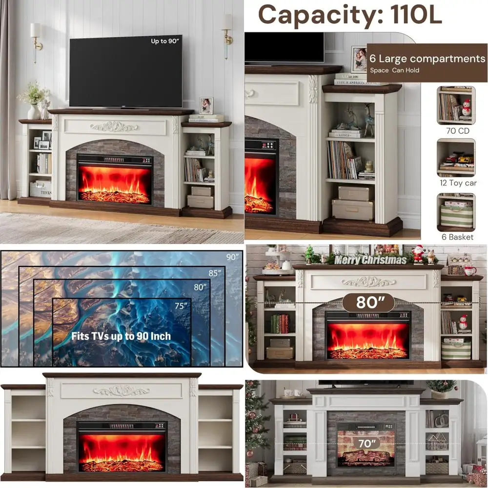 

90 Electric Fireplace Mantel TV Stand, Modern Entertainment Center, Realistic Stacked Stone Look