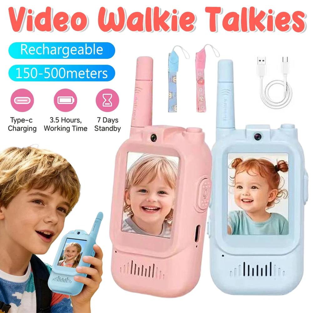 

2Pcs Video Walkie Talkies for Kids 2-inch Video Intercom Rechargeable Voice Fonts One-Click Call Cartoon Intercom Toys Gift
