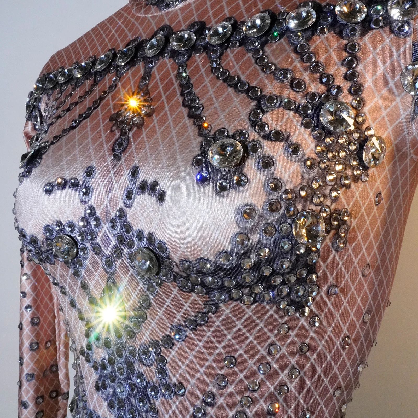 レディースダイヤモンドプリントジャンプスーツセクシーな長袖ナイトクラブパーティー誕生日衣装お祝いタイトフィットポールダンスパフォーマンス