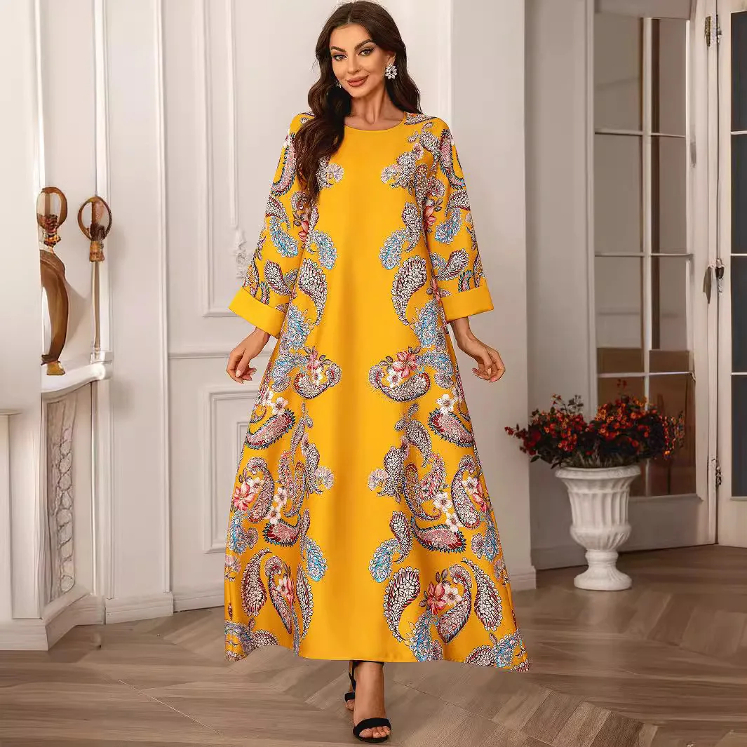 2405 Muslim women's long robe round neck home dress long sleeved floral rhinestone studded nail beads