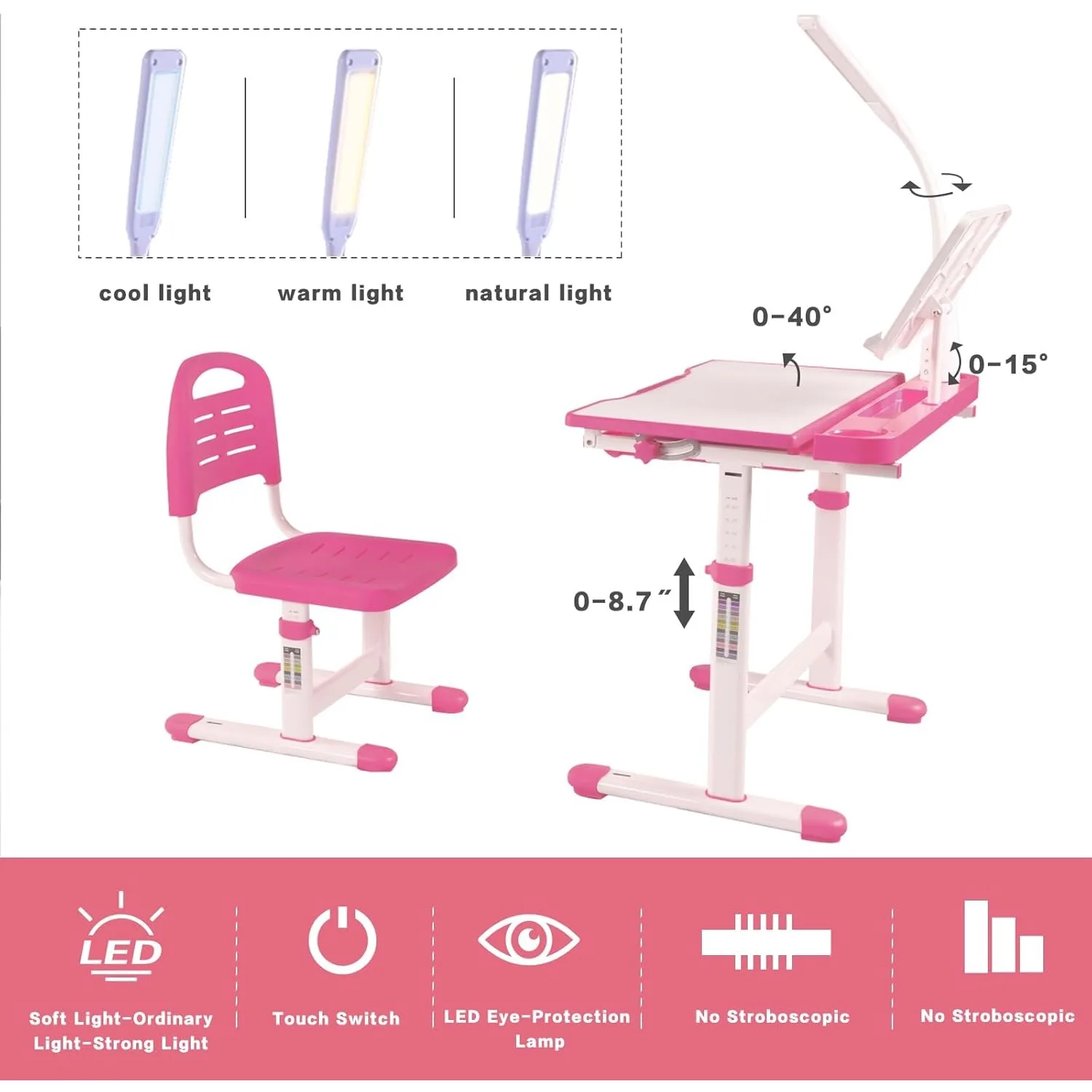 Conjunto de mesa e cadeira infantil, conjunto de mesa de arte infantil com altura ajustável, tampo de mesa com inclinação de 40 graus, luzes LED, estante