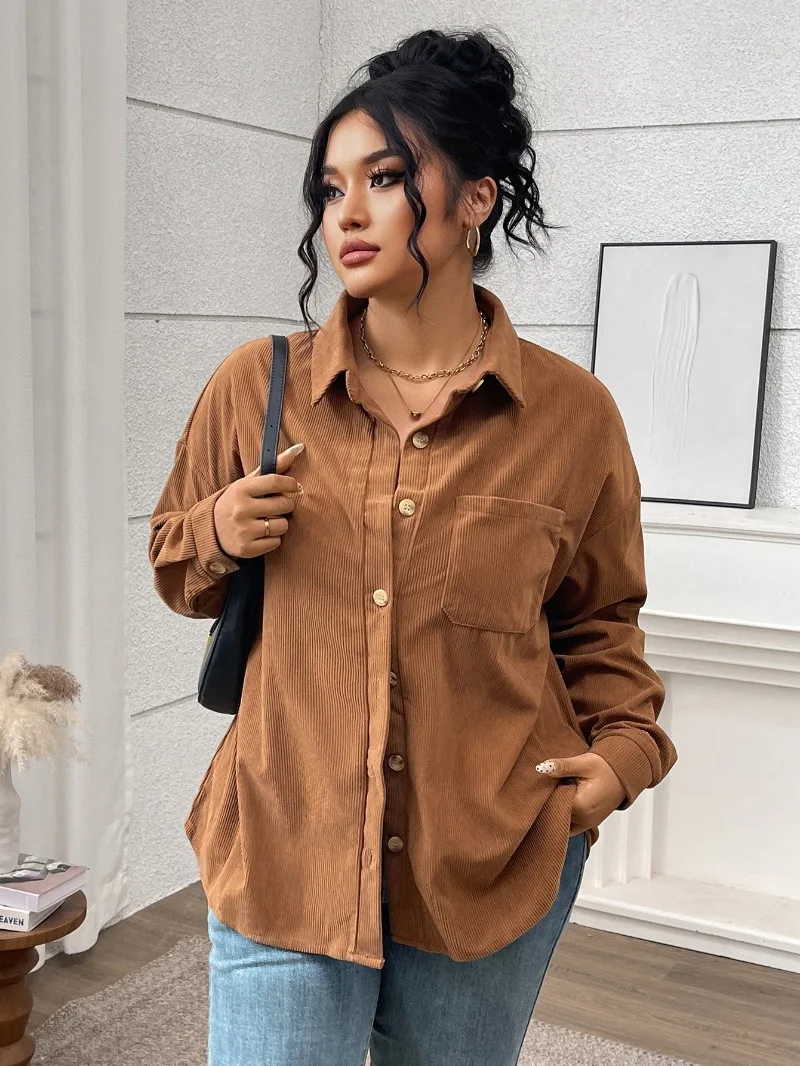 KEXU 2025 신상 가을 겨울 여성 셔츠 코트 플러스 사이즈 아우터 솔리드 컬러 라펠 코듀로이 캐주얼 재킷