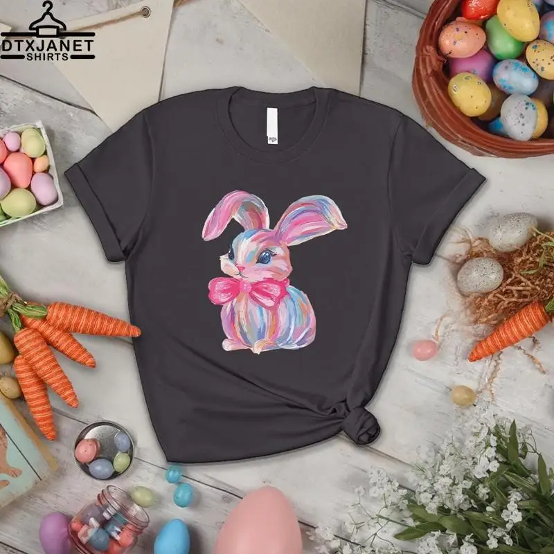 

Пасхальная футболка с кроликом Brushstroke Coquette для девочек в стиле ретро, консервативный стиль