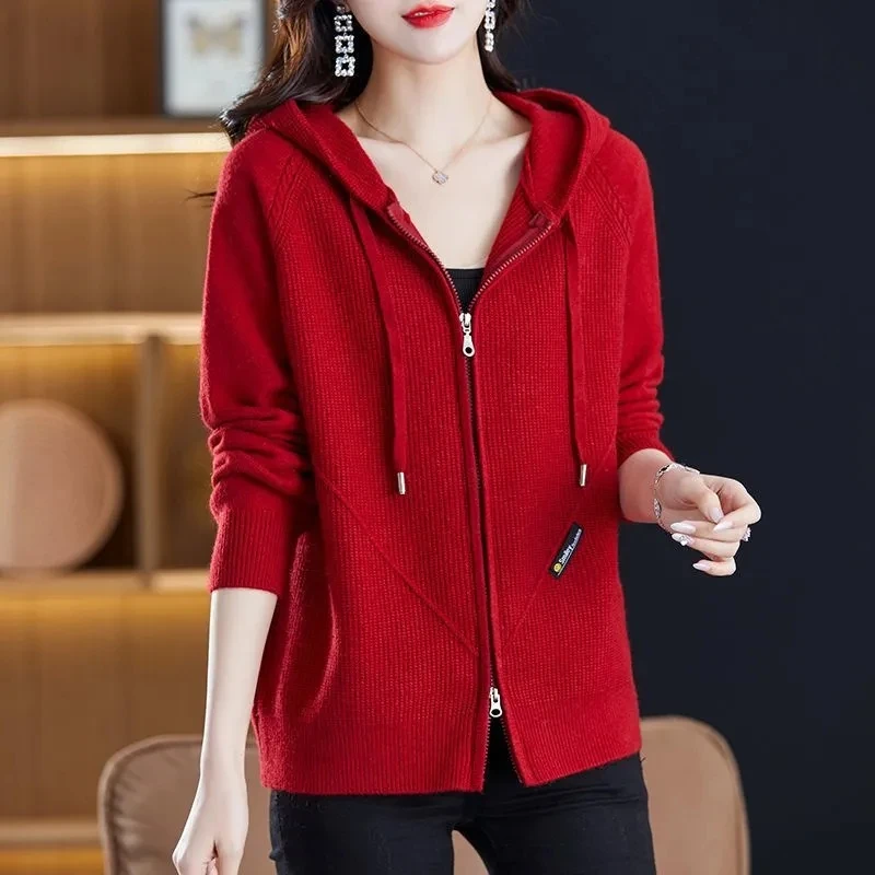 Spring Autumn Knitted Sweater Cardigan Jacket Women Solid Hooded Zipper Sweater Coat Female Knitwear Casual Tops Female Jackets