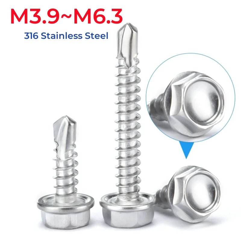 M3.9 M4.2 M4.8 M5.5 M6.3 316 Stainless Steel Hex Washer Head Self Drilling Screw Metal Tapping Screws