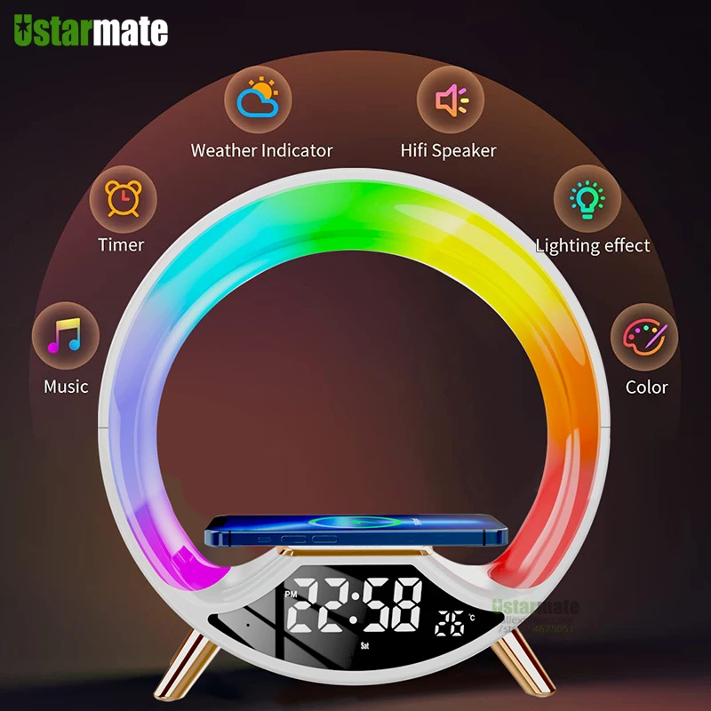 

G-Speaker Smart Station Wireless Charger Alarm Clock Bluetooth Touch Control RGB Desk Lamp Charging 15W LED Atmosphere LED Light