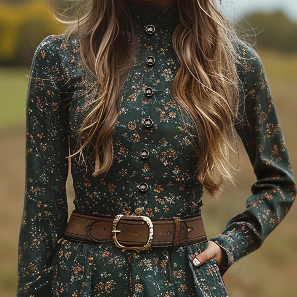 Autumn Women's Mid-Length A-Line Dress with Straight Sleeves and Round Neckline European Style Body-Fitting Dress