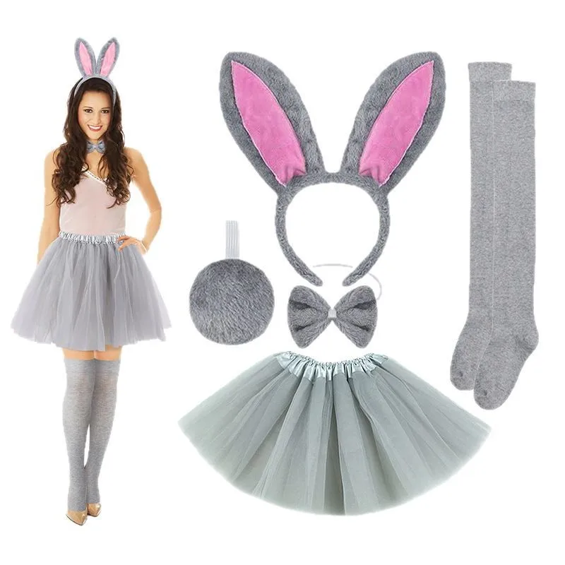 الأطفال الفتيات الأبيض أرنب زي الأرنب اللباس مجموعة الإكسسوارات آذان أرنب الشعر الأطواق عقال ربطة القفازات توتو تنورة