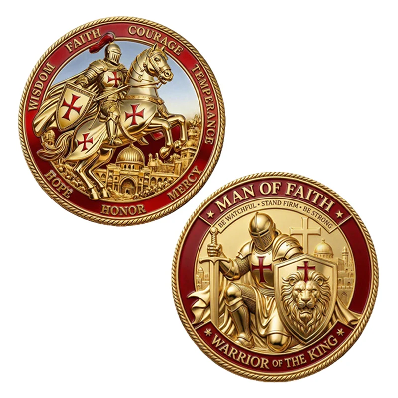 1PC Knight Gold Plated Encrusted Collectible Commemorative Coin Warrior of The King Metal Medal Challenge Coins Crafts Ornament view 3
