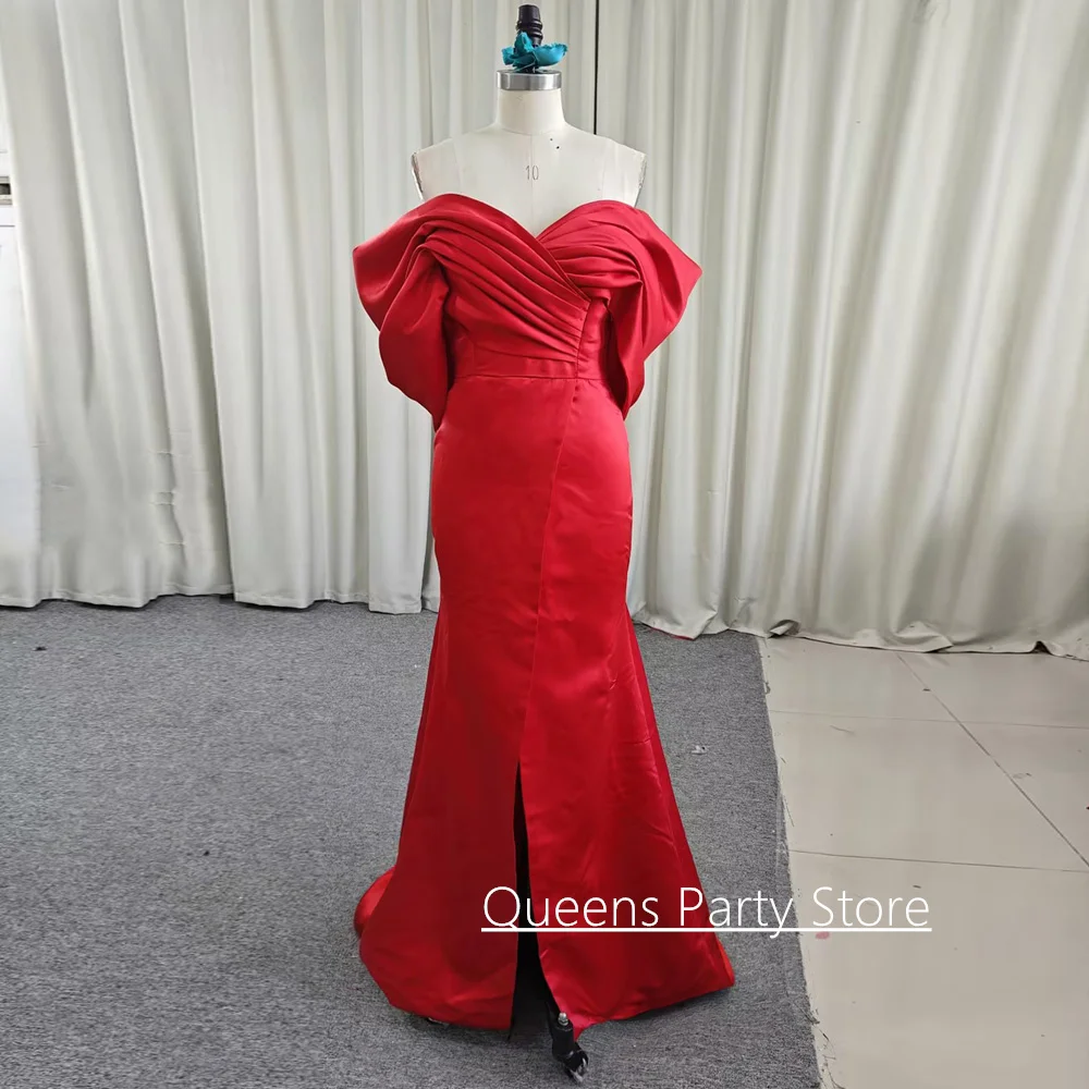 

Red Mermaid Prom Dresses Customized Off Shoulder Ruched Pleat Satin Party Gowns Sweep Train Front Slit Arabian Evening Dress