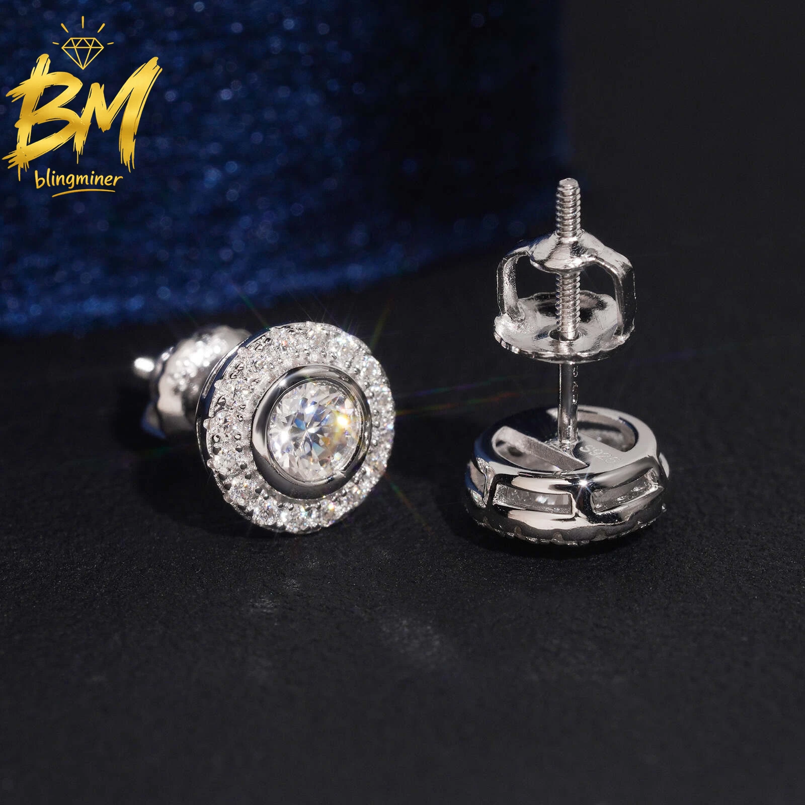 Blingminer Hip Hop Round Bezel VVS Moissanite Earrings For Men Women S925 Silver Ear Studs Jewelry Pass Diamonds Tester GRA