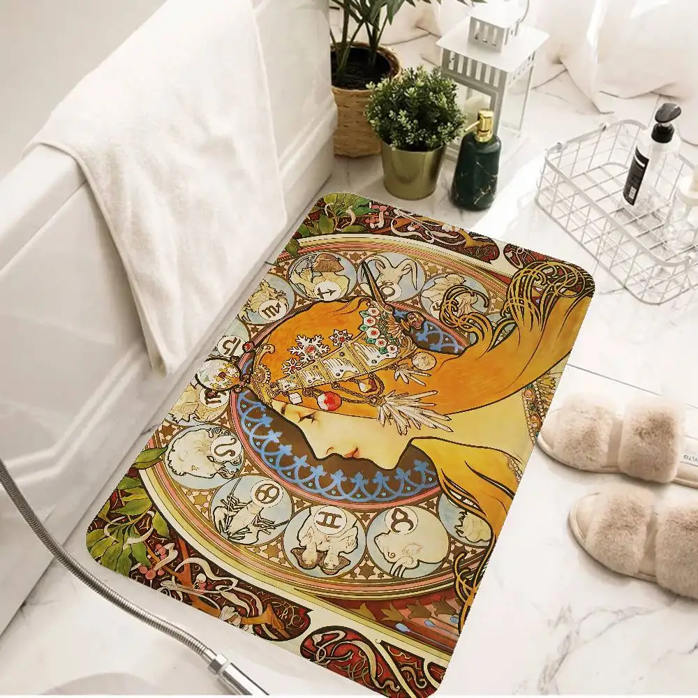Art A-Alphonse M-Mucha Illustration Door Mat Washable Non-Slip Living Room Sofa Chairs Area Mat Kitchen Toilet Rug