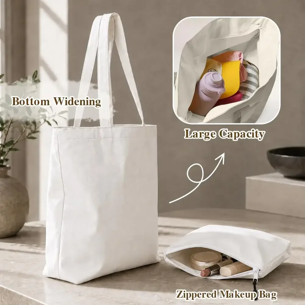 H-HellstarS Storage Bags 2PC Canvas Tote Bag Set with Zipper Handbags Makeup Pouch Set Travel Bag view 6