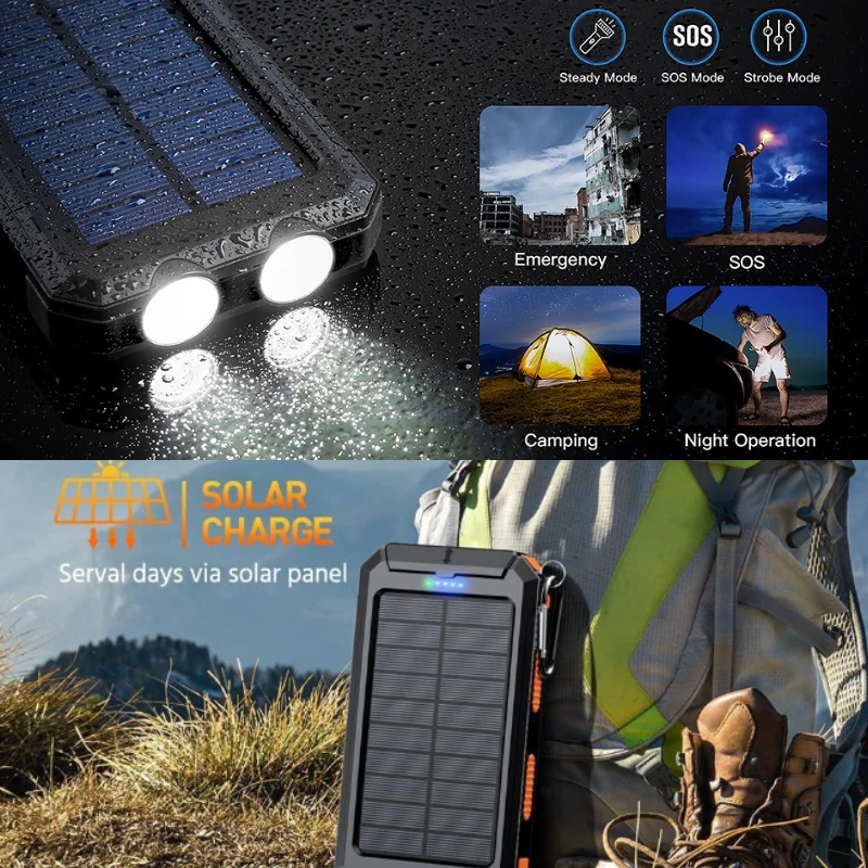 Dual-LED-Leuchten für den Außenbereich, tragbare Solarleuchten mit Kompass, Powerbank, USB oder Solarladung, Notfall-Arbeitslampe, wasserdicht