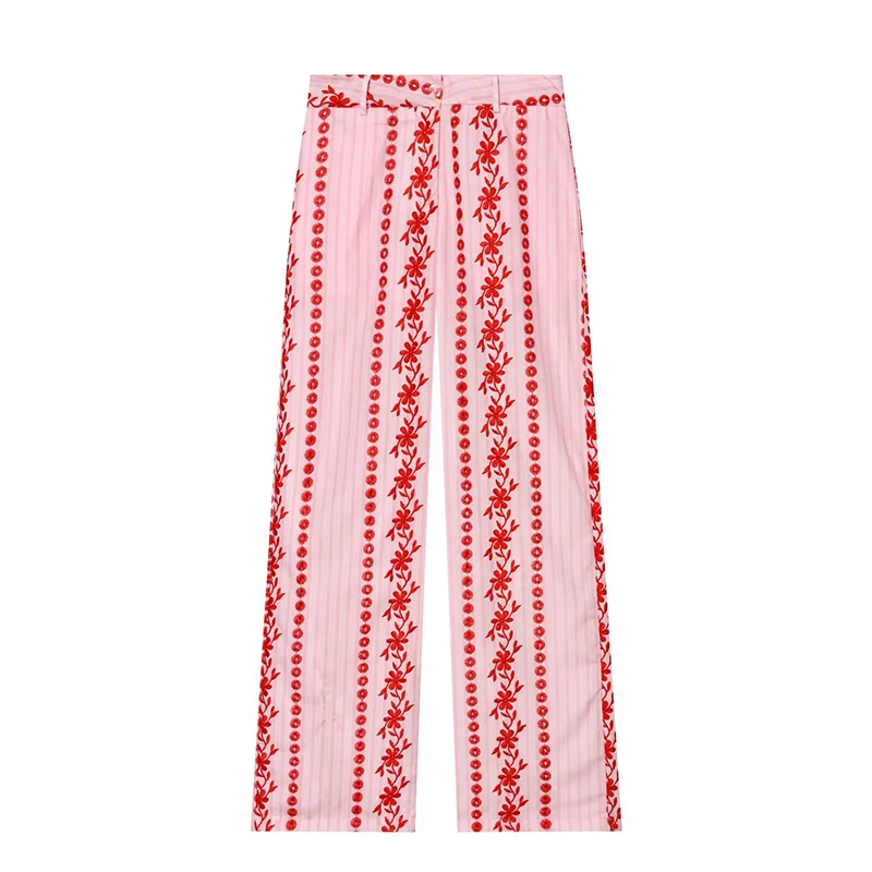 Floral Openwork Embroidery Pants Women High Waist Casual Summer Straight Trousers