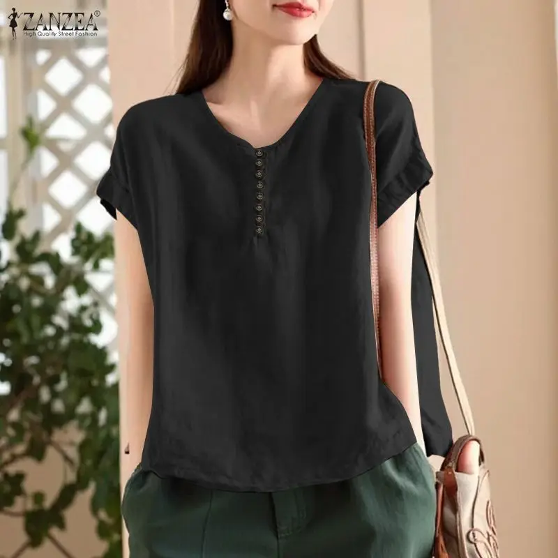 

ZANZEA Fashion Summer Short Sleeve Blouse 2026 Women Vintage Cotton Tops Casual O Neck Work Shirt Solid Buttons Up Blusas Mujer