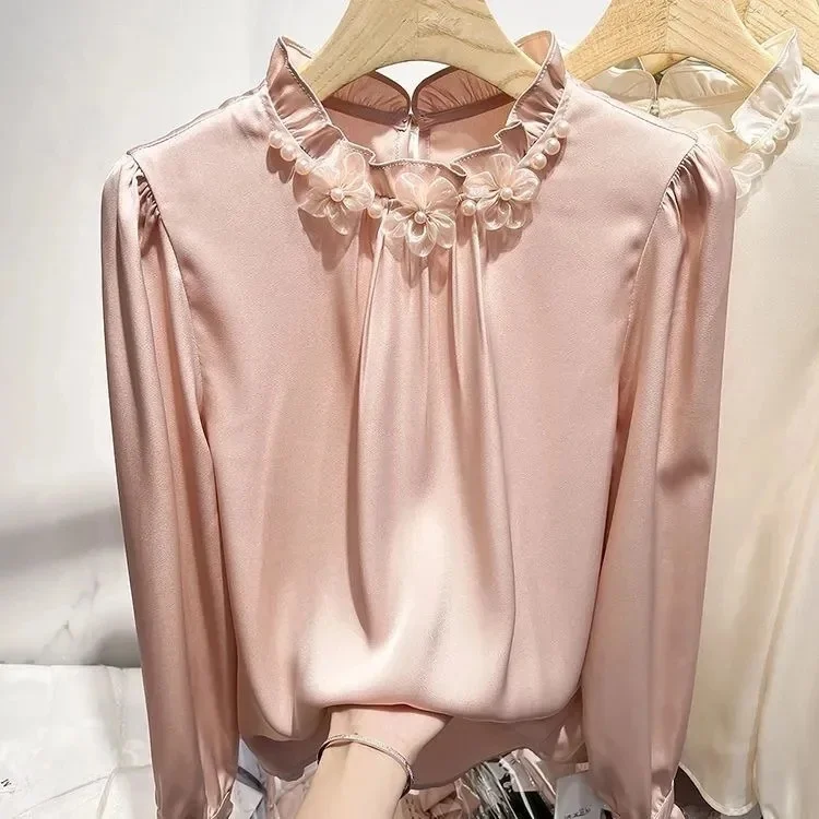 

Ele Stand Collar Long Sve Women's Chiffon irt Earlet Collar Inner Wear irt Commute Sle Straight Cut Polyester
