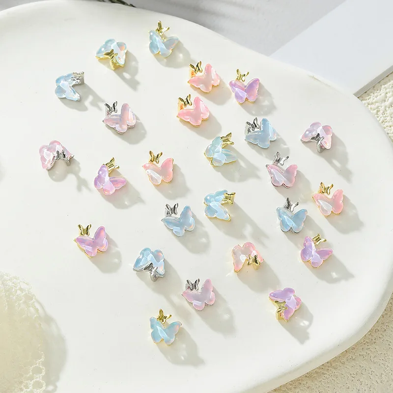 10Pcs Nail Art Mocha Butterfly Shaped Alloy Charms Multi-Colors Metal Crystal Butterfly Nail DIY Charms 3D Decorations