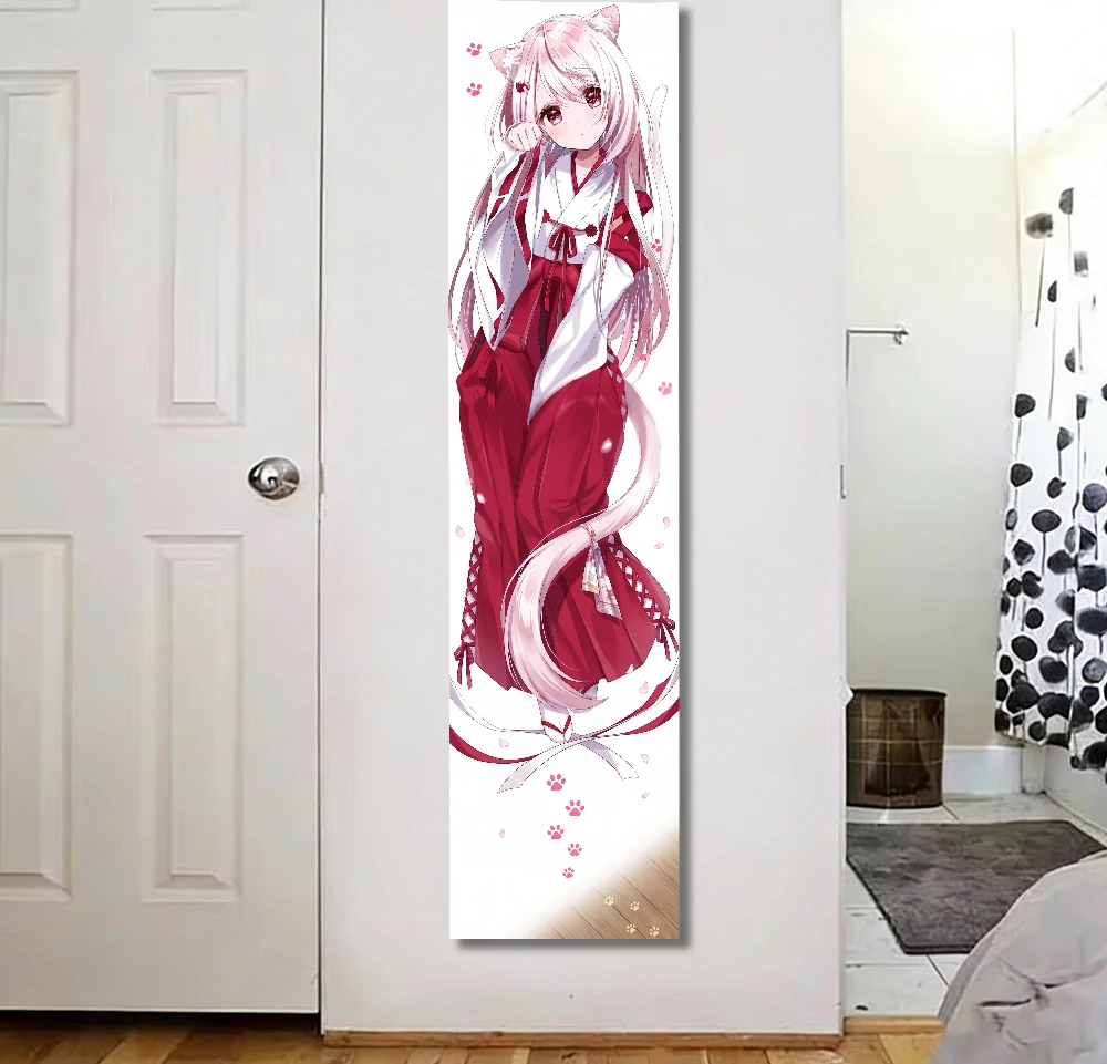Cute Cat Ear Anime Girl Tapestry Flat Print Japanese Miko Style Wall Hanging for Kawaii Room Decor Aesthetic Bedroom Dorm