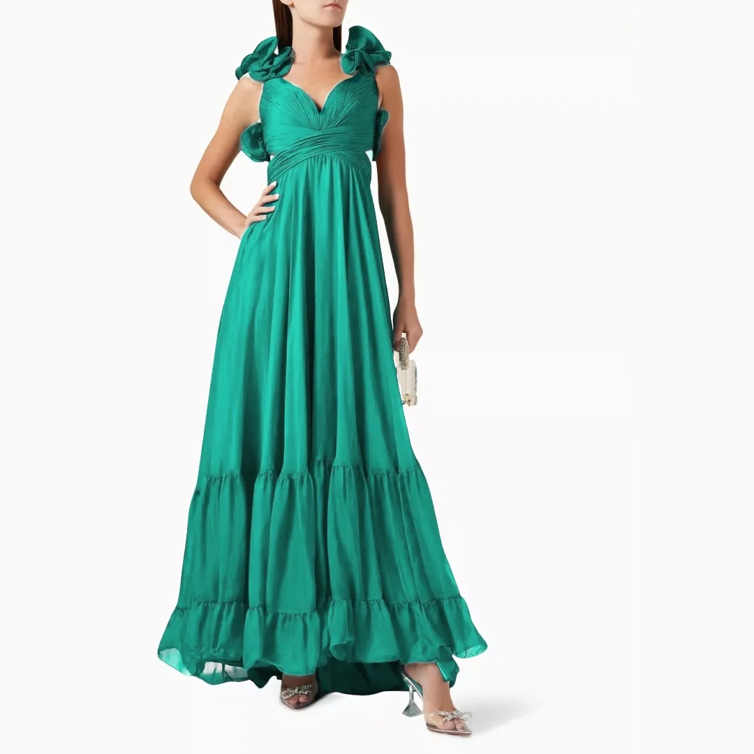 Fashion Spaghetti Straps Ruffles Evening Dresses Soft Chiffon V-neck Pleats Wedding Guest Gowns Chic Girl's Pageant Prom Dress