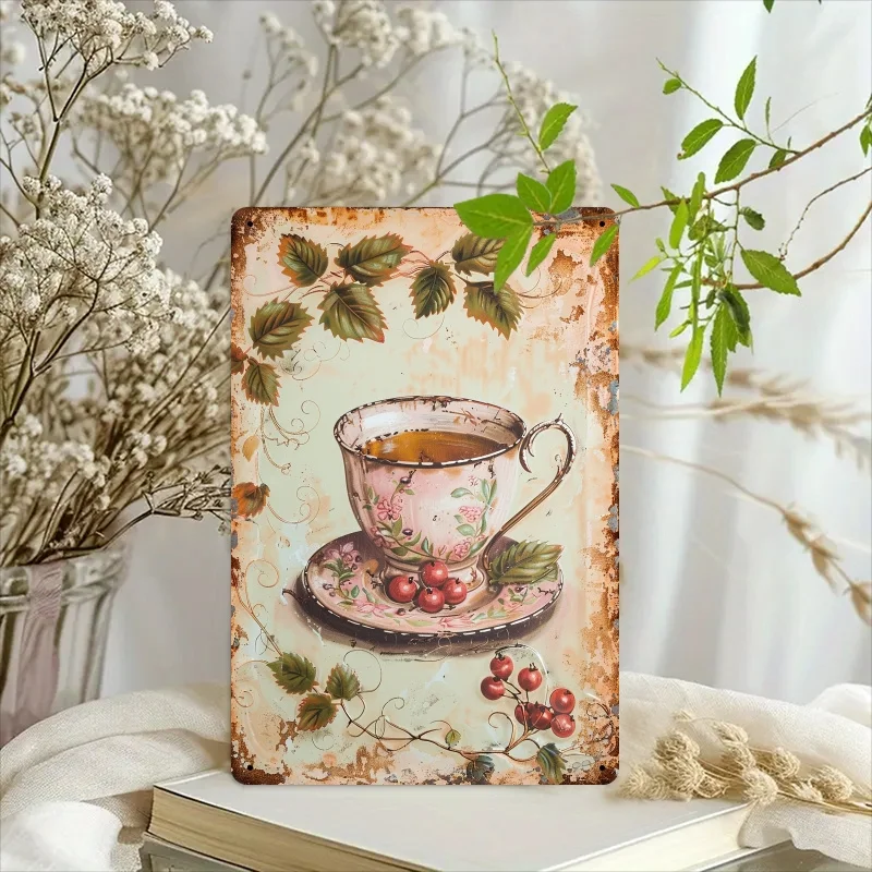 لوحة فنية جدارية معدنية لشاي التوت العتيق، 20.32 × 30.48 سم - ديكور حديد ريفي مع كوب زهور وتصميم التوت، مثالية للمطابخ، P