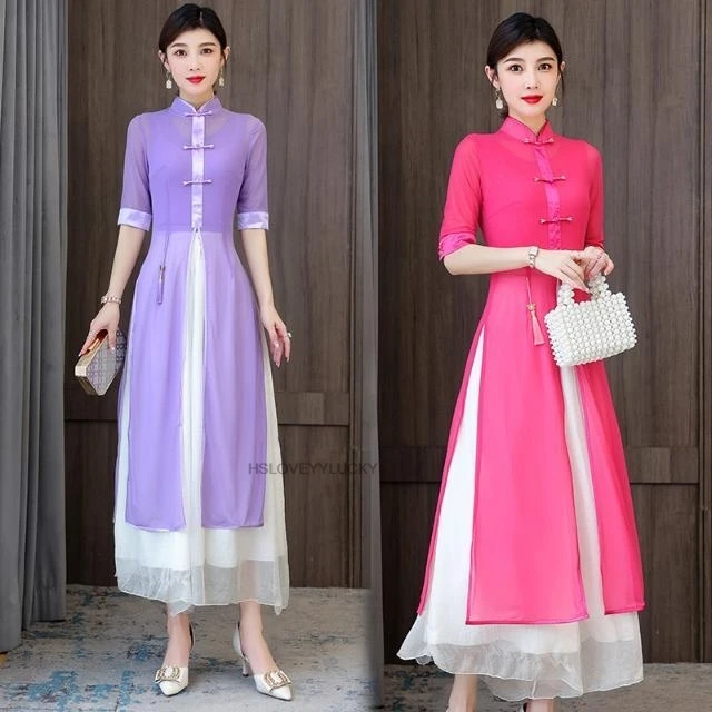 

Вьетнамское платье Aodai, элегантное вечернее платье, восточное женское платье Ципао, изящное платье чайного искусства, свободное улучшенное платье трапециевидной формы, платье Cheongsam