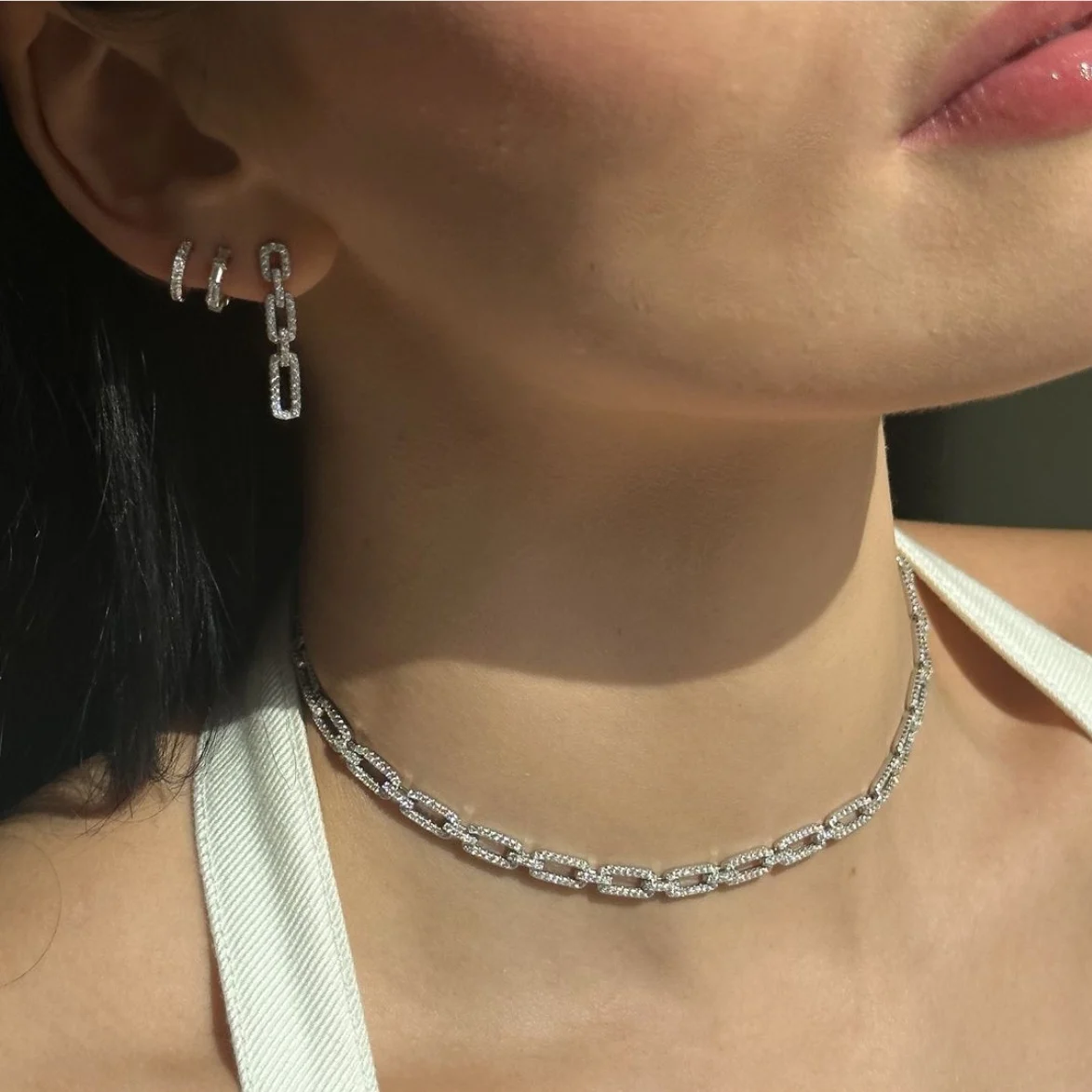 

Геометрические модные женские ювелирные изделия с микроасфальтированным фианитом, искрящаяся цепочка скрепки, прямоугольные висячие серьги, колье, кубинский комплект ожерелья