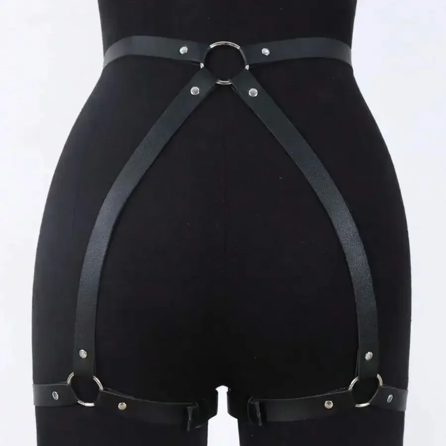 3PCS Women Sexy Harness Belt Set With Black PU Leather Belt Handcuff And Ankle Chain For Dance Outfits