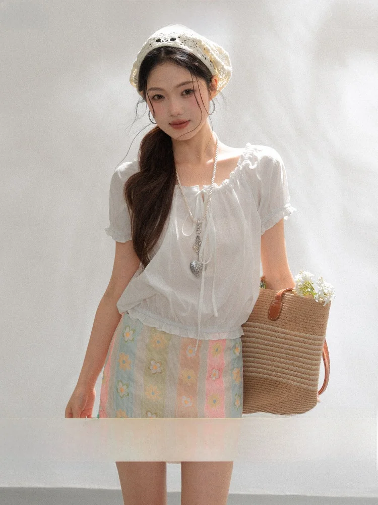 

Loveheynew Salt Series Sweet Sle Bubble Sve ort irt Женская облегающая красивая футболка из хлопка для похудения, летняя модная футболка