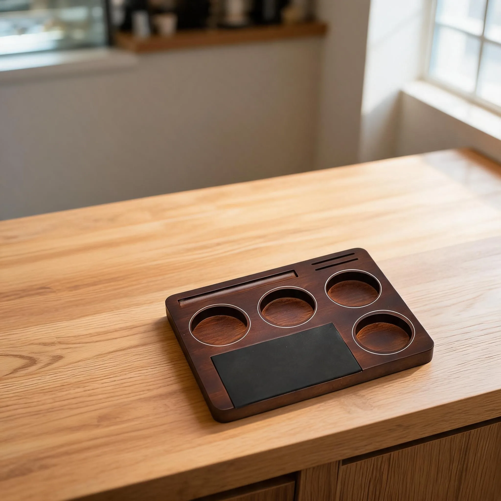 Wooden Coffee Tamper Station Base with Silicone Pads for Espresso Portafilter - 25 x 19.3 x 2 cm Rustic Tamping Tool