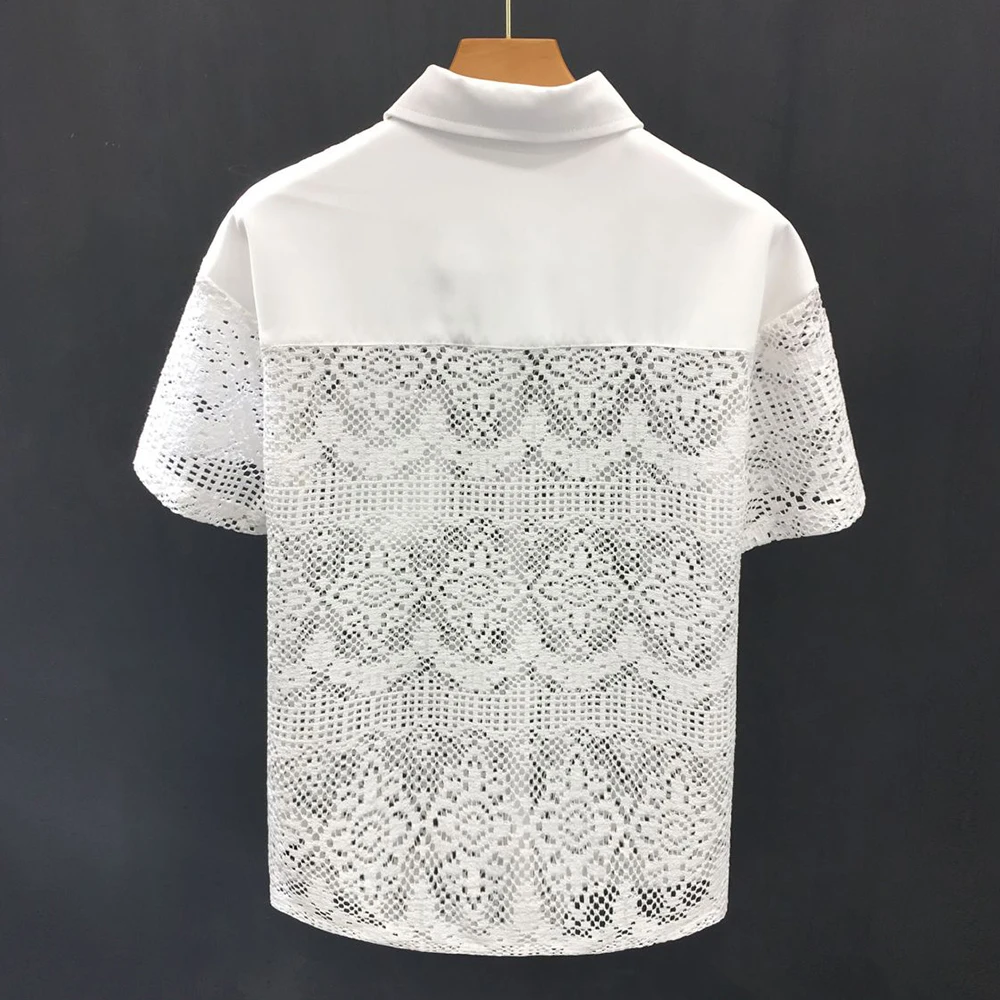 Mens Hollow Sexy Lace Short Sleeve Casual Shirt See-Through 2024 New Genderless Fashion Versatile Youth Trend Retro Shirt Unisex