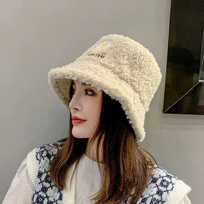 Lamb Faux Bucket Hat Winter Warm Plush Velvet Hats For Women Lady Thicken Bob Panama Outdoor Fisherman Hat Caps