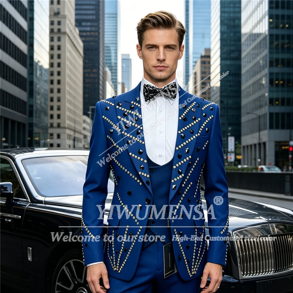 

Luxury Beaded Stone Suit Men For Wedding Peaked Label Prom Blazer Customized 3 Piece Sets Groom Tuxedos Male Fashion Outfits