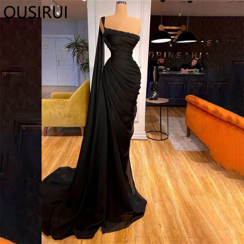 

Modest Black Strapless Chiffon Pleated Evening Dresses for Women with Cape Beaded Pearls Mermaid Court Formal Evening Club Gown