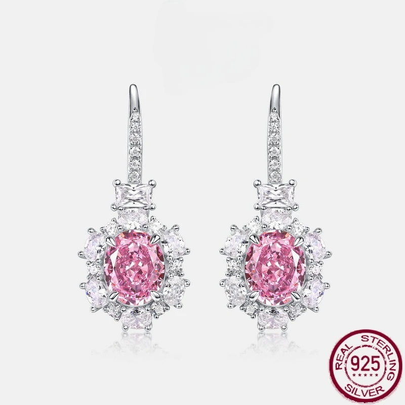 

New S925 pure silver high carbon diamond earrings with pink ice flower ear hooks for wedding jewelry