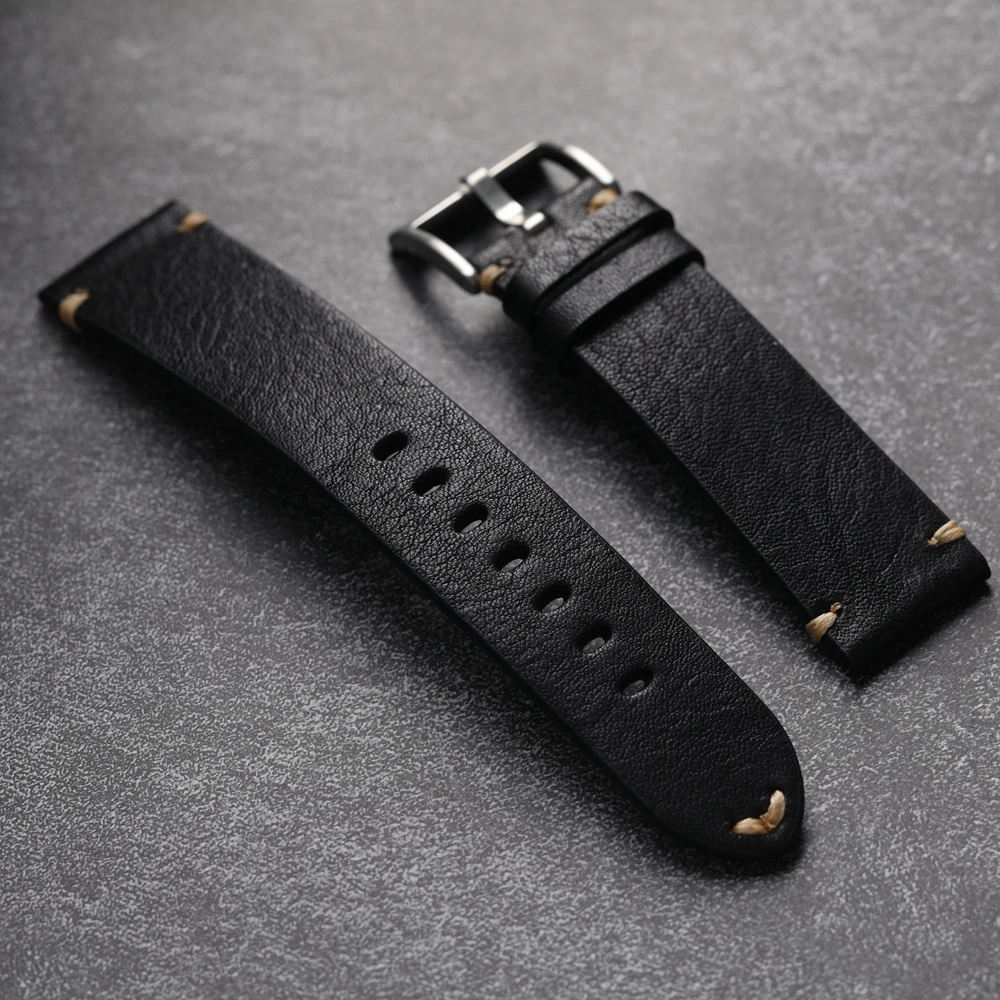Handmade Head Layer Cowhide Leather Strap 18 19 20 21 22MM Black Brown Maroon Leather Bracelet Retro Style Wear-Resistant Brac