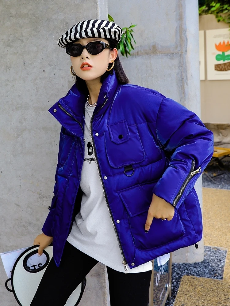 Glossy Puffer Jacket Women Down Cotton Parkas Winter 2022 Korean Fashion Warm Short Coat Female Pocket Padded Clothes Outwear