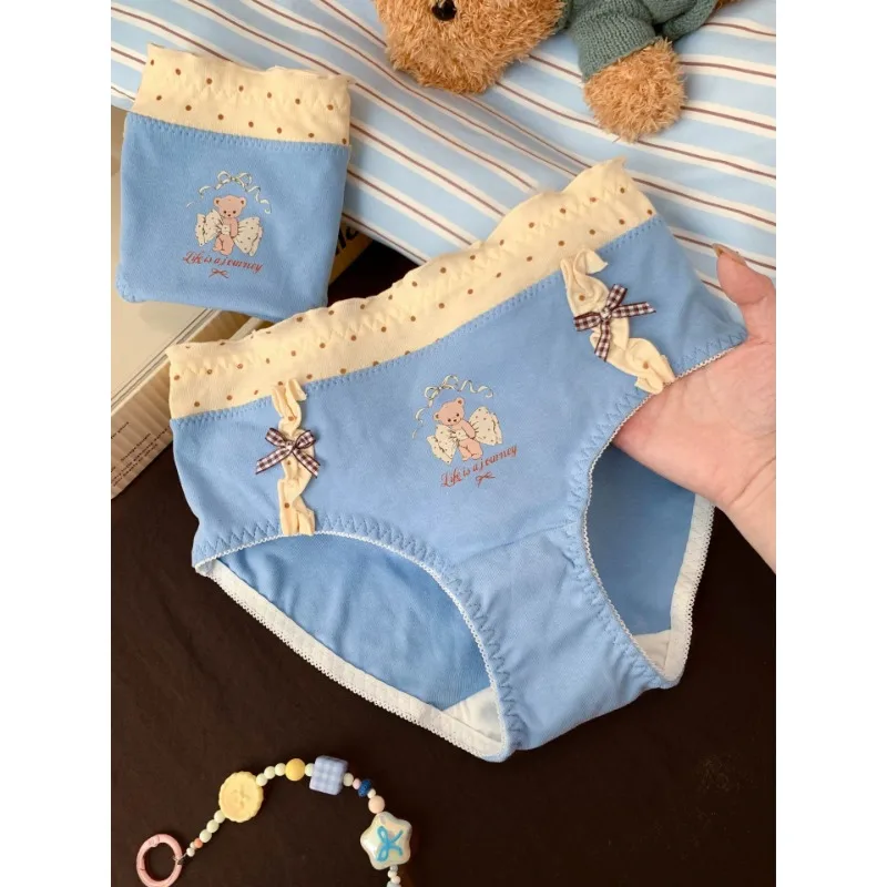 Sweet Bear Print Women Cotton Panties Blue Ruffle Lace Bow Mid-rise Antibacterial Anti-chafing Girls Brief Underwear