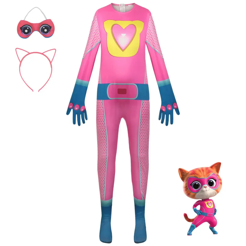 Costume de Cosplay Anime Super Kitties, Combinaisons Roses, Accessoires de Masque, Tenues Fantaisie pour Garçon et Fille, Performance sur Scène d'Halloween trempée