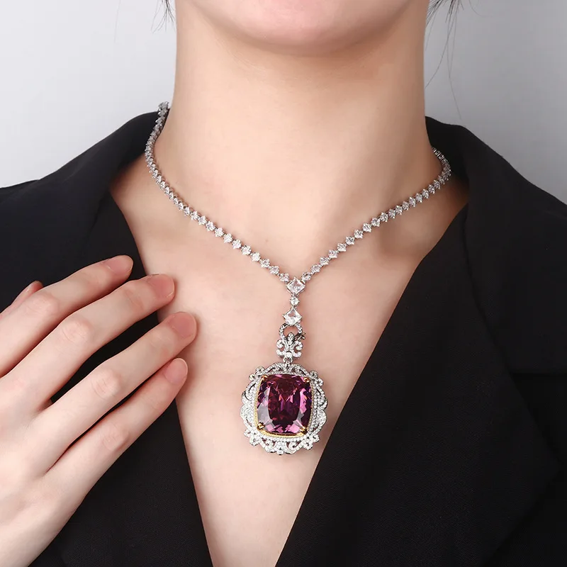 New Gold-Plated Jewelry European and American Style White Plated Blue Fat Square Pendant Necklace 20*23