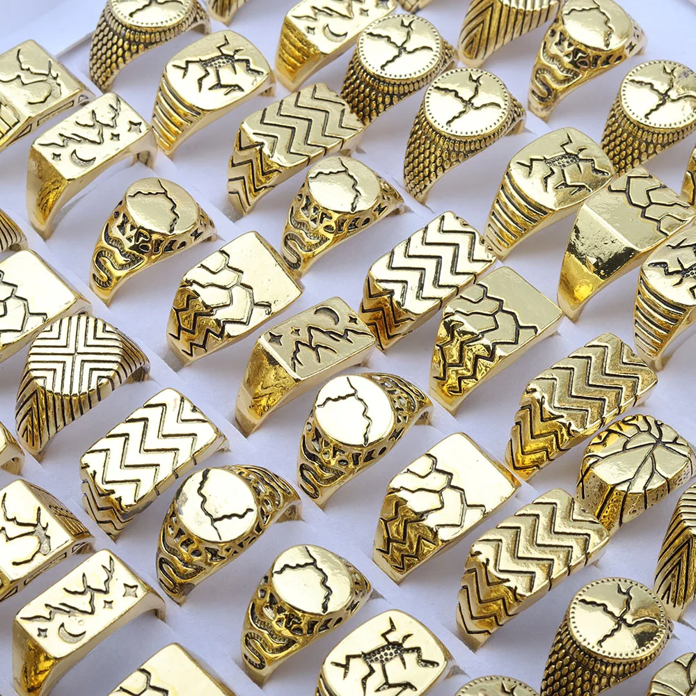 25Pcs/Lot Vintage Cracked Alloy Men Ring Retro Square Index Finger Ring For Men Rock Bar Party Jewelry Wholesale