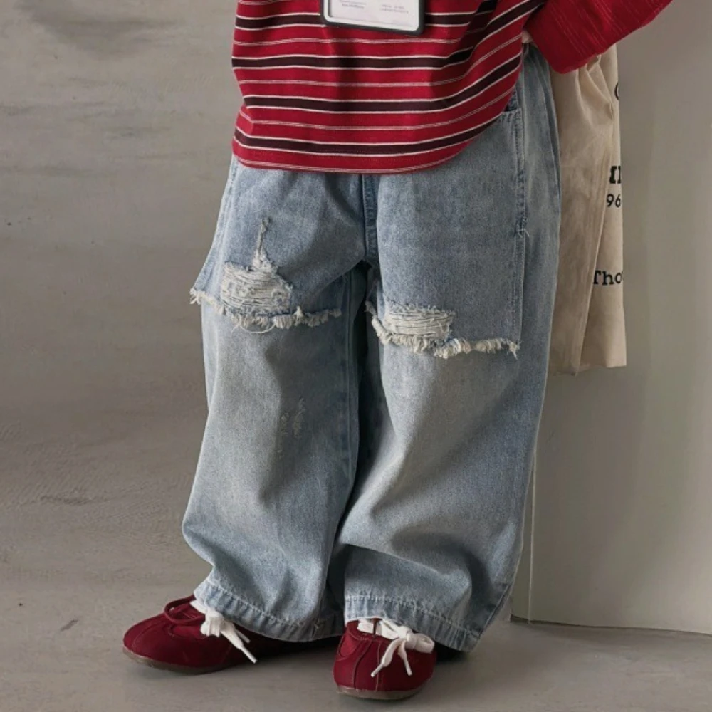 Pants 2026 Spring and Summer New Childrens Clothing Korean Style Boys and Girls Loose Broken Holes Fake Two Jeans Simple