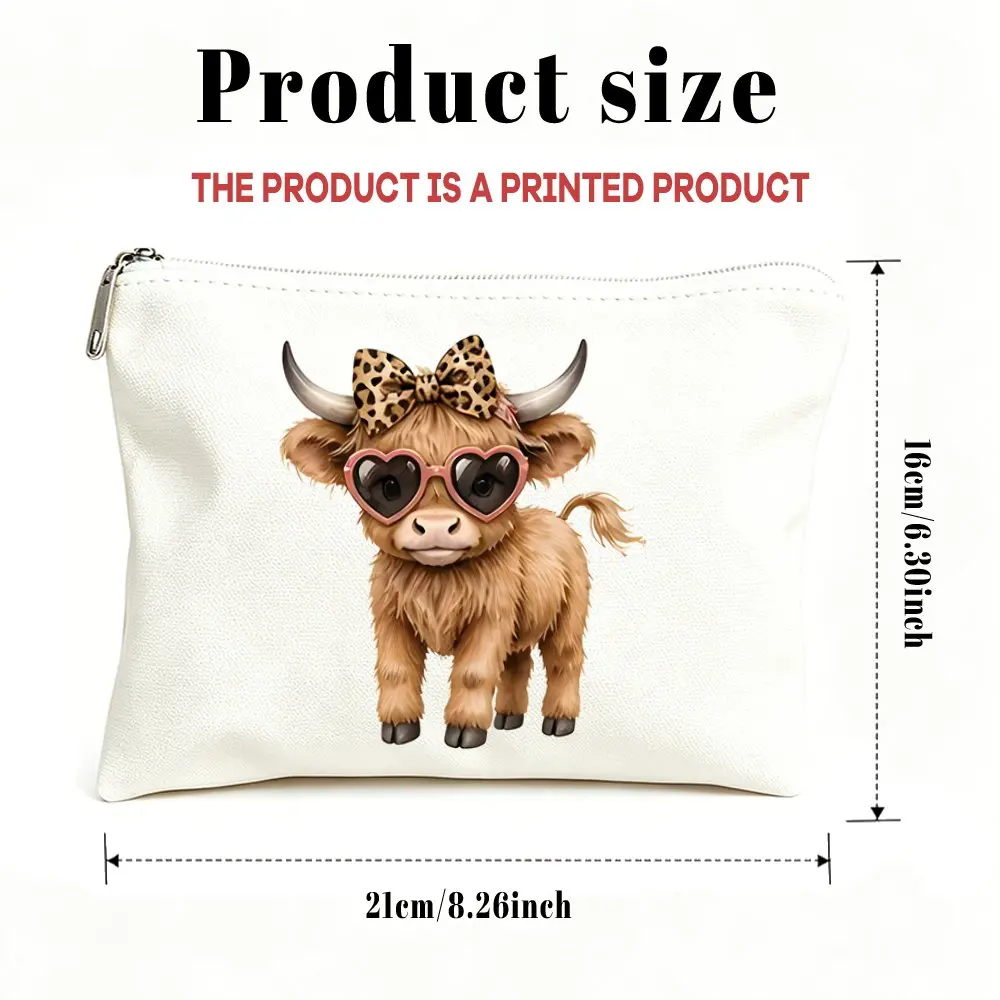 Highland Cow Leopard Print Bow Cosmetic Bag Suitable for Women Zipper Closure Toiletry Pouch Gift Mom Daughters Travel Birthdays