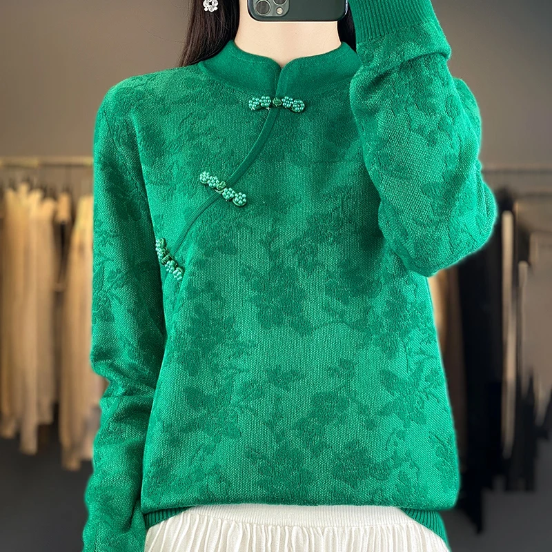 

New Chinese stand-up collar wool women's sweater, jacquard top, loose full silk wool knit, top shirt