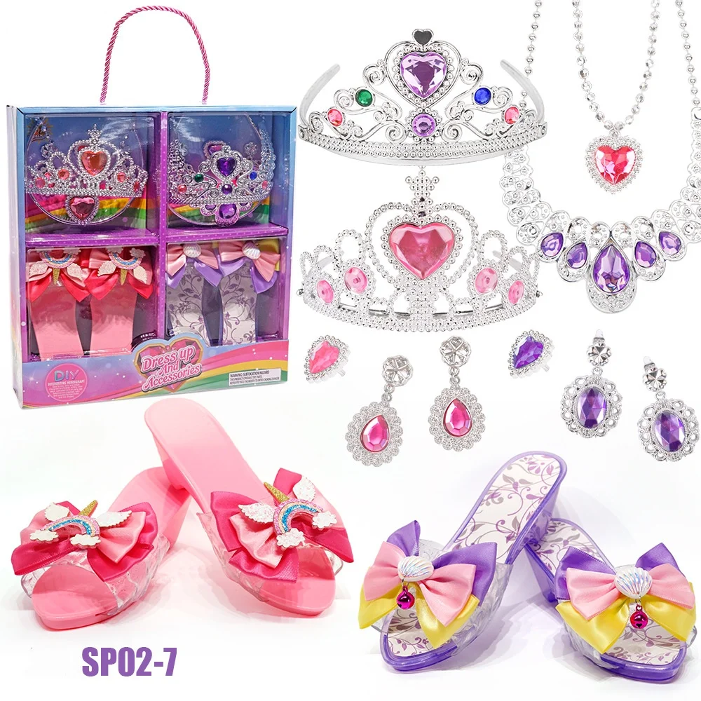 Conjunto de brinquedos de princesa com sapatos de cristal, colar, brincos e caixa de joias para crianças – ideia para festas de aniversário e brincadeiras