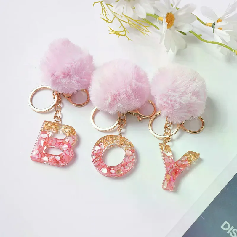 Cute Keyring Pink Pompom Fur Ball 26 Letter Keychain Resin Key Chains Handbag Charms For Woman Ornaments Accessories Gift
